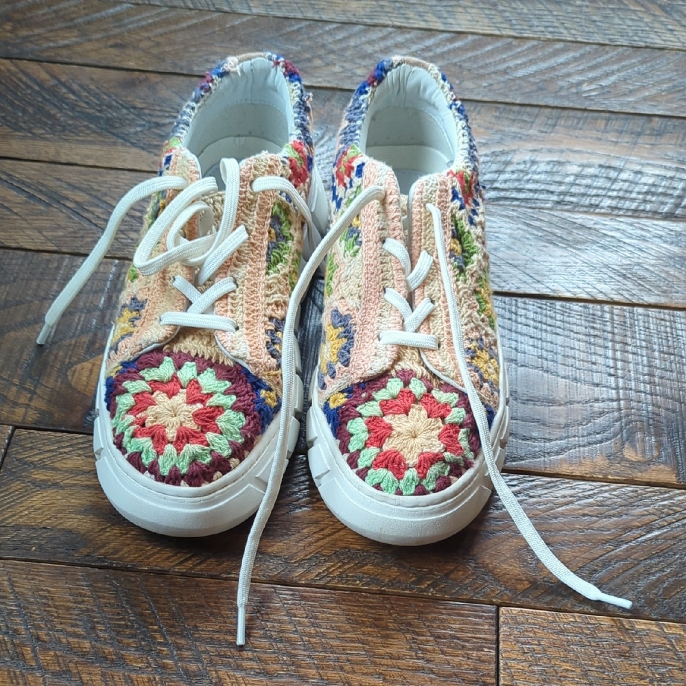 Free People Red and Pink Embroidered Sneakers